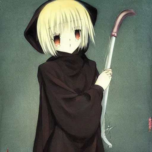 Image similar to archetype of death ((the grim reaper)) is a cute neko girl, anime waifu, posing nicely for a picture, shy, bashful, sweet colors, dark black robe, blush, by Ilya Repin and Maurice Sendak