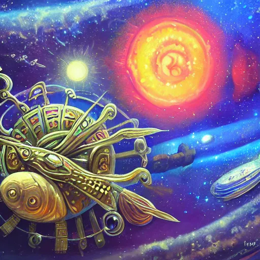 Image similar to painting of ornate space ship, nebulae background, nautilus, shell, space jammers, d & d, dust, sun, 4 0 k warhammer, shrimp, prawn