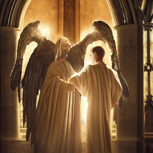 Image similar to angel protecting man who is praying inside a gothic church, studio light, 4K highly detailed, realistic style, playing with with light and dark