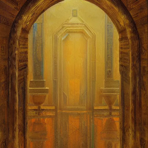 Image similar to a painting of a doorway in a building, a raytraced image by Mikalojus Konstantinas Čiurlionis, polycount, metaphysical painting, hall of mirrors, egyptian art, concept art