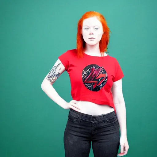 Prompt: determined young red headed woman wearing a large black Metallica T-Shirt and tattoos standing medium shot facing camera with a green screen