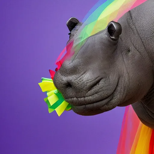 Prompt: photo of an hippo wearing a tutu under a rainbow