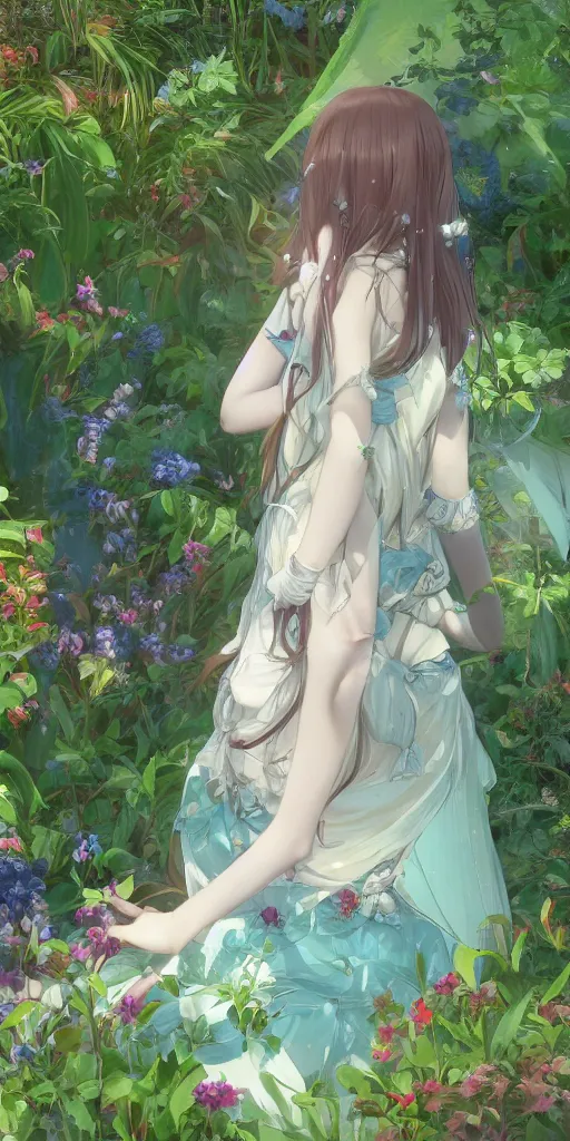 Image similar to a digital art of a loli with long hair in a dress, privet garden, after noon, green and blue and warm theme, back lighting, highly detailed, 4 k resolution, trending on art station, elegant, depressed, melancholic, by krenz cushart and mucha and akihito yoshida and greg rutkowski and makoto shinkai