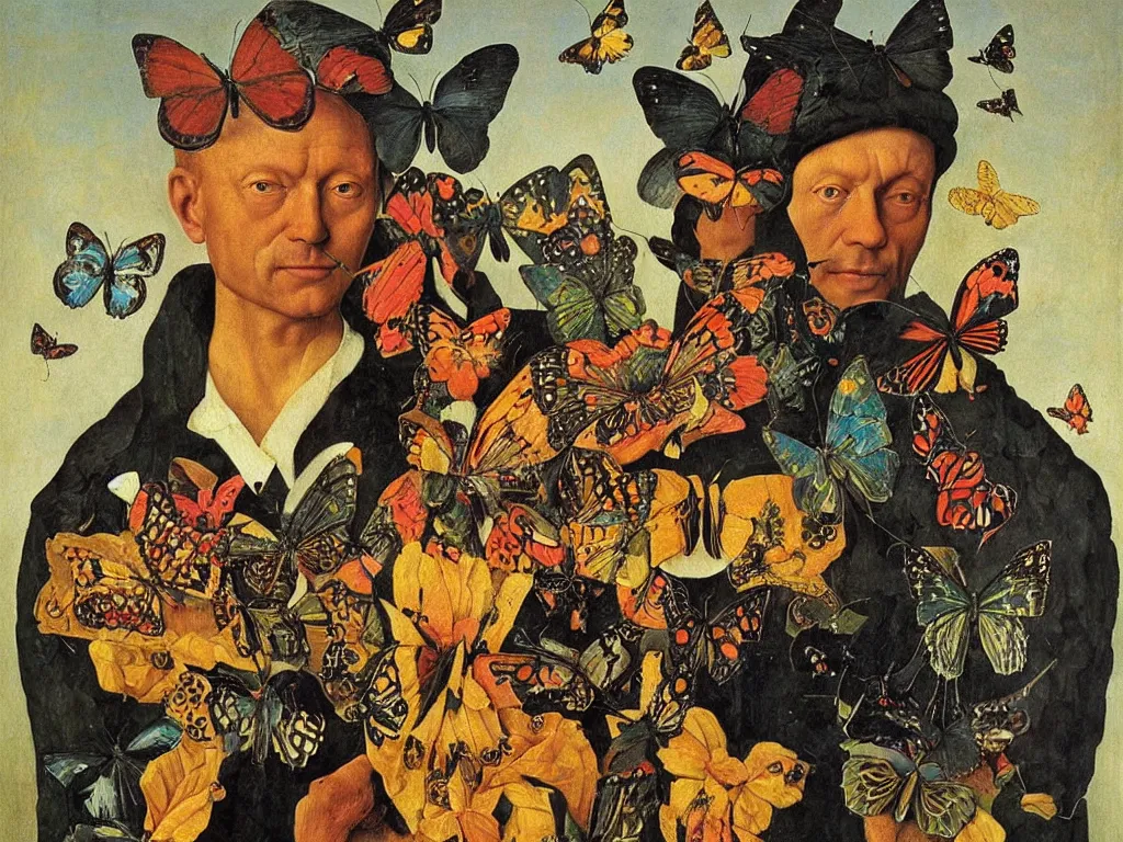 Prompt: Portrait of old coal worker with beautiful, exotic, butterfly. Painting by Jan van Eyck, Audubon, Maria Sybilla Merian, Rene Magritte, Agnes Pelton, Max Ernst, Walton Ford