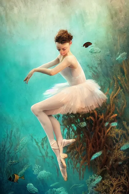 Image similar to stunningly beautiful, ballerina at the bottom of the great barrier reef by jaques cousteau, smooth, focus, highly detailed, hyper realistic, intricate, concept art, art by wlop