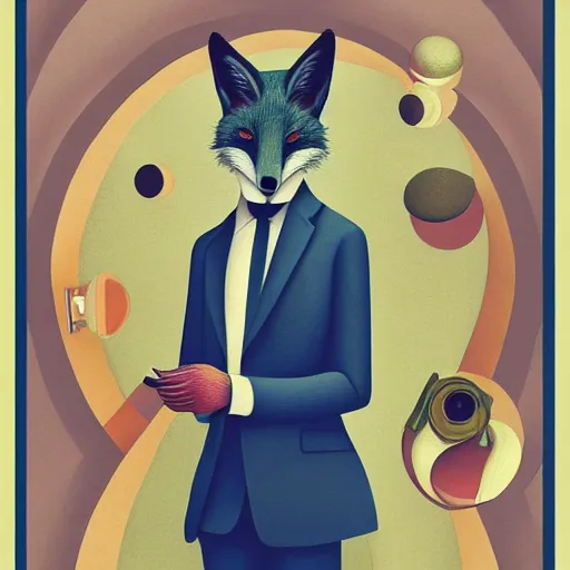 Image similar to an artistic portrait of fox in full tailored suit by Escher Casey Weldon, behance contest winner, colorful