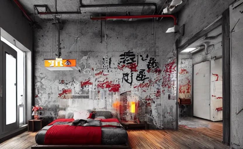 Image similar to maximalist interior of a japanese bedroom, concrete, cyberpunk, japanese neon signs, retro futuristic, old brick walls, rough wood, grey, anthracite, red, akihabara style, swedish style, window with a view of apartment blocks