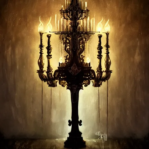 Prompt: the candelabras line the room, the flickering flames dance in your eyes, the chandelier gently twinkles as the cold breaks in, i remember when this move was alive, artstation deviantart, absolutely mind blowing beautiful fine art, haunting, whimsical