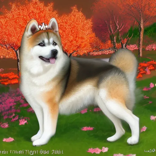 Image similar to An akita inu with a crown made of orange blossom flowers, in front of cherry blossom trees, digital art