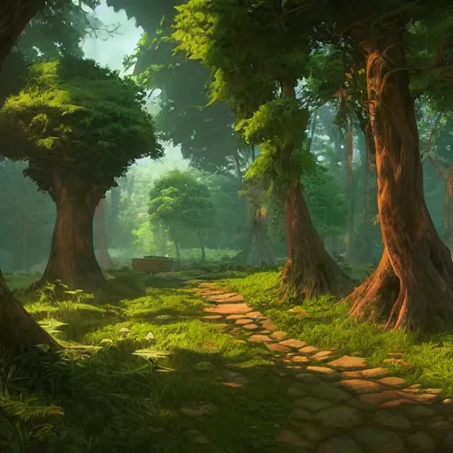 Image similar to forest path, beautiful ancient trees, hiding large treasure chest, serene evening atmosphere, soft lens, soft light, cel - shading, animation, in the style of cgsociety, deviantart, artstation, zbrush, cinema 4 d, studio ghibli, akihiko yoshida, atelier lulua, masamune shirow