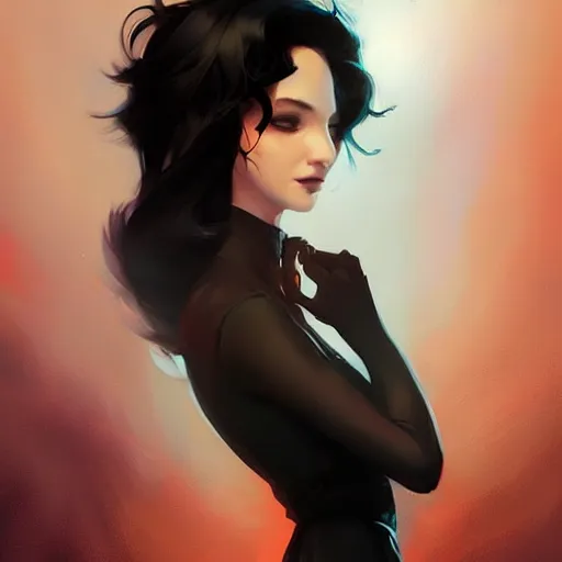 Prompt: Elegant woman with black hair wearing black dress, backlight backlit smoke, hard light, cinematic lighting, high detail, concept art background by john harris + andreas rocha, artwork by charlie bowater + artgerm + anato finnstark + ross tran