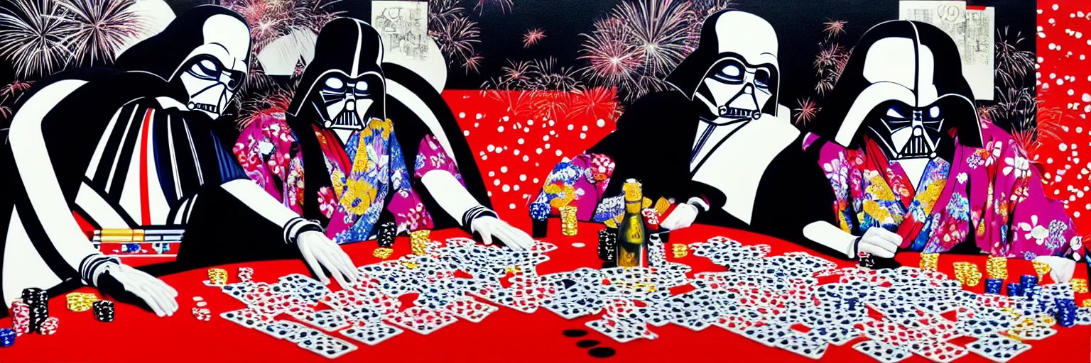 Image similar to hyperrealism composition of the detailed woman in a japanese kimono sitting at an extremely detailed poker table with darth vader and stormtrooper, fireworks on the background, pop - art style, jacky tsai style, andy warhol style, acrylic on canvas