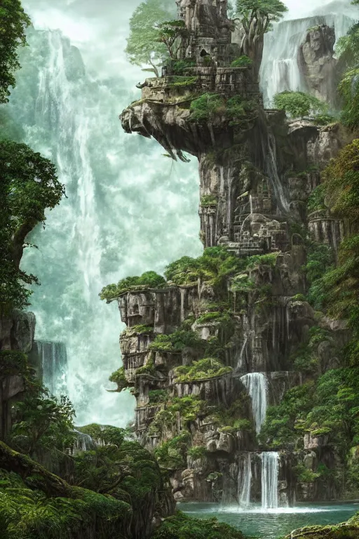 Image similar to carved into the Rock a citadel-temple above a waterfall , gnarly trees, lush vegetation, forrest, a small stream runs beneath the waterfall, landscape, raphael lacoste, eddie mendoza, alex ross, concept art, matte painting, highly detailed, rule of thirds, dynamic lighting, cinematic, detailed, denoised, centerd