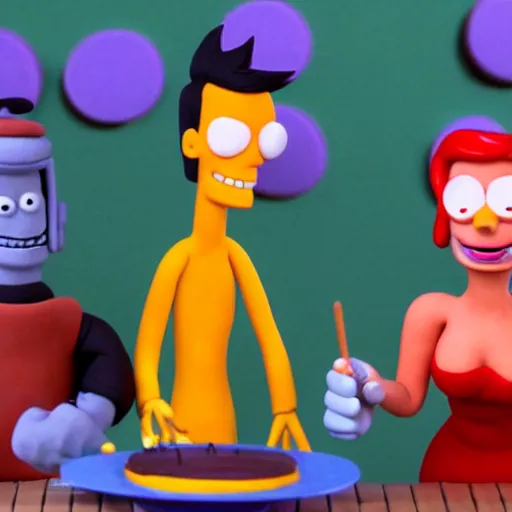 Image similar to fry, bender and leela from futurama eating cake, claymation, cinematic, 8 k