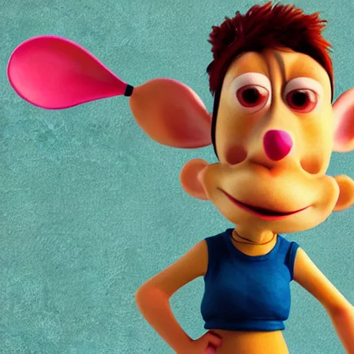 Image similar to 3 d render, portrait, upper body shot, mid shot, anthropomorphic mouse, female, wearing denim short shorts and a off yellow tank top shirt, in the style of flushed away