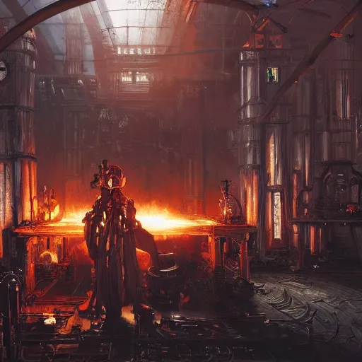 Image similar to adeptus mechanicus techpriest at a forge, by cedric peyravernay and feng zhu, highly detailed, excellent composition, cinematic concept art, dramatic lighting, trending on artstation