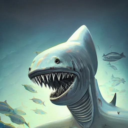 Image similar to beautiful painting of a white armored sharkman exploring the bottom of the ocean in the style of Simon Stålenhag and H. R. Giger, detailed, trending on Artstation