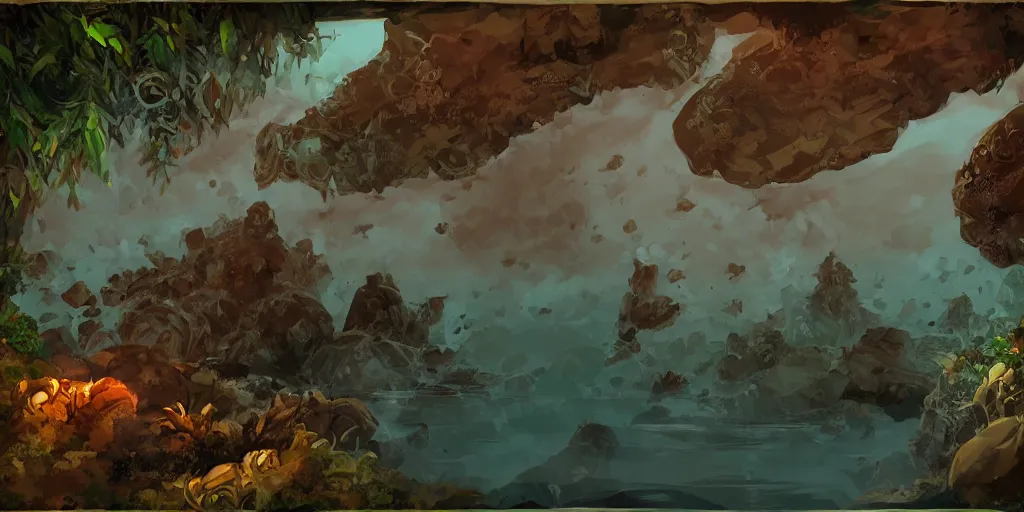 Image similar to vietnamese sunken cave scene, 2 d game art background, level design, muted colors, in style of lam manh