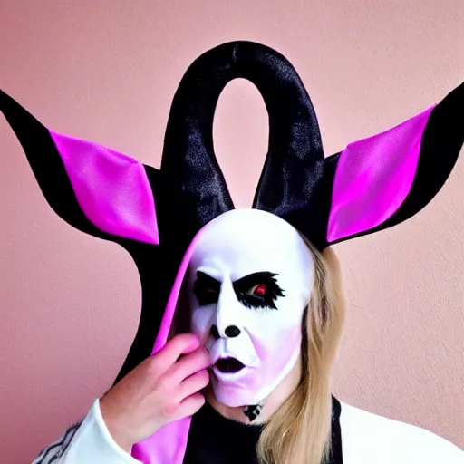 Image similar to bad bunny dressing up as an androgynous demon for halloween, you can still see bad bunny's face, artistic, pink pastel, realistic, close up, varying angles