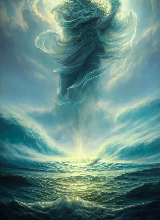 Image similar to a gigantic god rising from the ocean, ice coming out of his body, in the style of tomasz alen kopera and fenghua zhong and peter mohrbacher, mystical colors, rim light, beautiful lighting, 8 k, stunning scene, raytracing, octane, trending on artstation