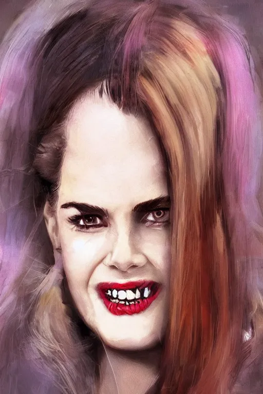 Image similar to mix of beautiful young maria shriver, mariel hemmingway, brooke shields, nicole kidman and elle macpherson as a vampire showing vampire teeth, ready to bite, thin lips, hair tied up in a pony tail, dark blonde hair, colorful, deviantart, artstation, cgsociety