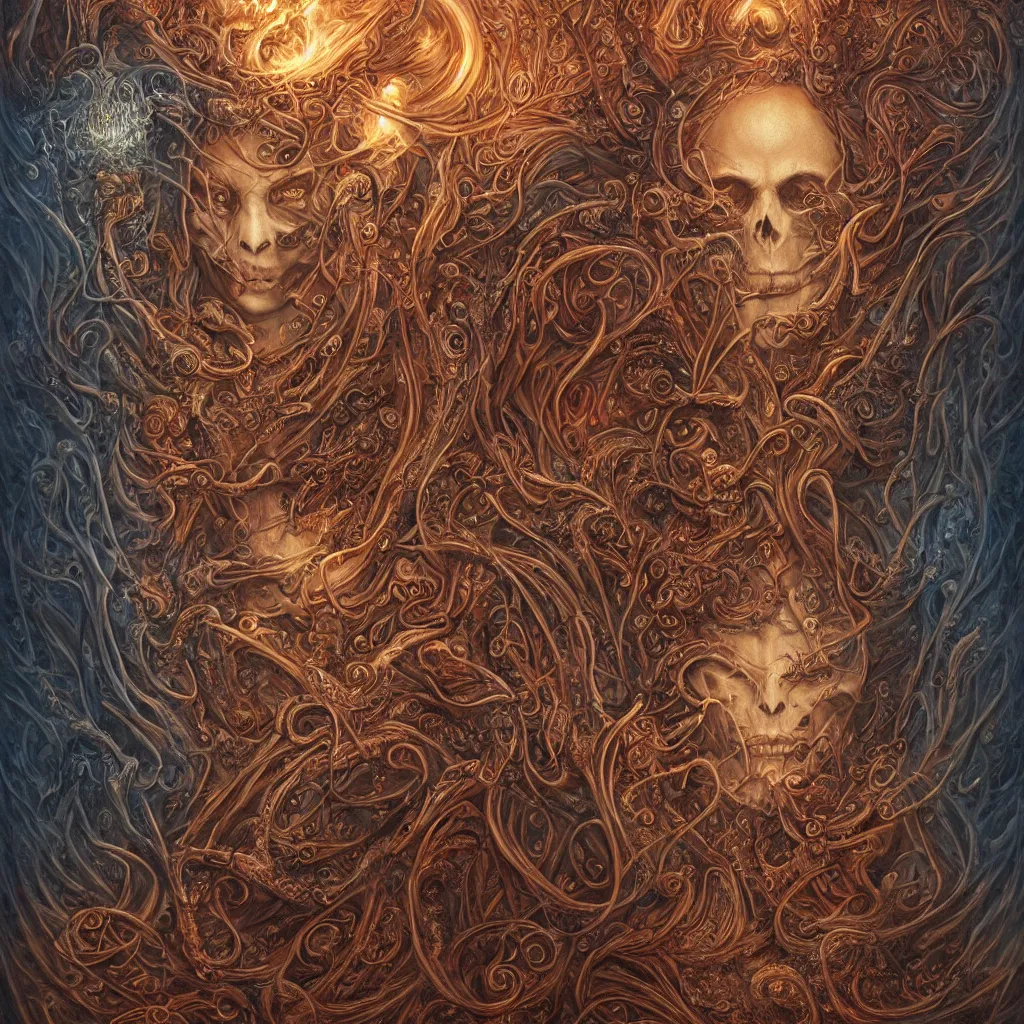 Image similar to A beautiful detailed orixa, tarot card, by tomasz alen kopera and Justin Gerard, symmetrical features, ominous, magical realism, texture, intricate, ornate, royally decorated, skull, skeleton, whirling smoke, embers, red adornements, red torn fabric, radiant colors, fantasy, trending on artstation, volumetric lighting, micro details, 3d sculpture, ray tracing, 8k, anaglyph effect