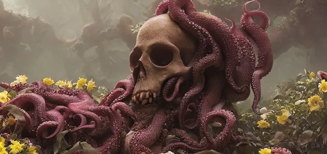 Prompt: an | octopus in the shape of a skull | surrounded by flowers at dawn & foggy & sun rays & cinematic shot & photo still from movie by denis villeneuve & wayne barlowe