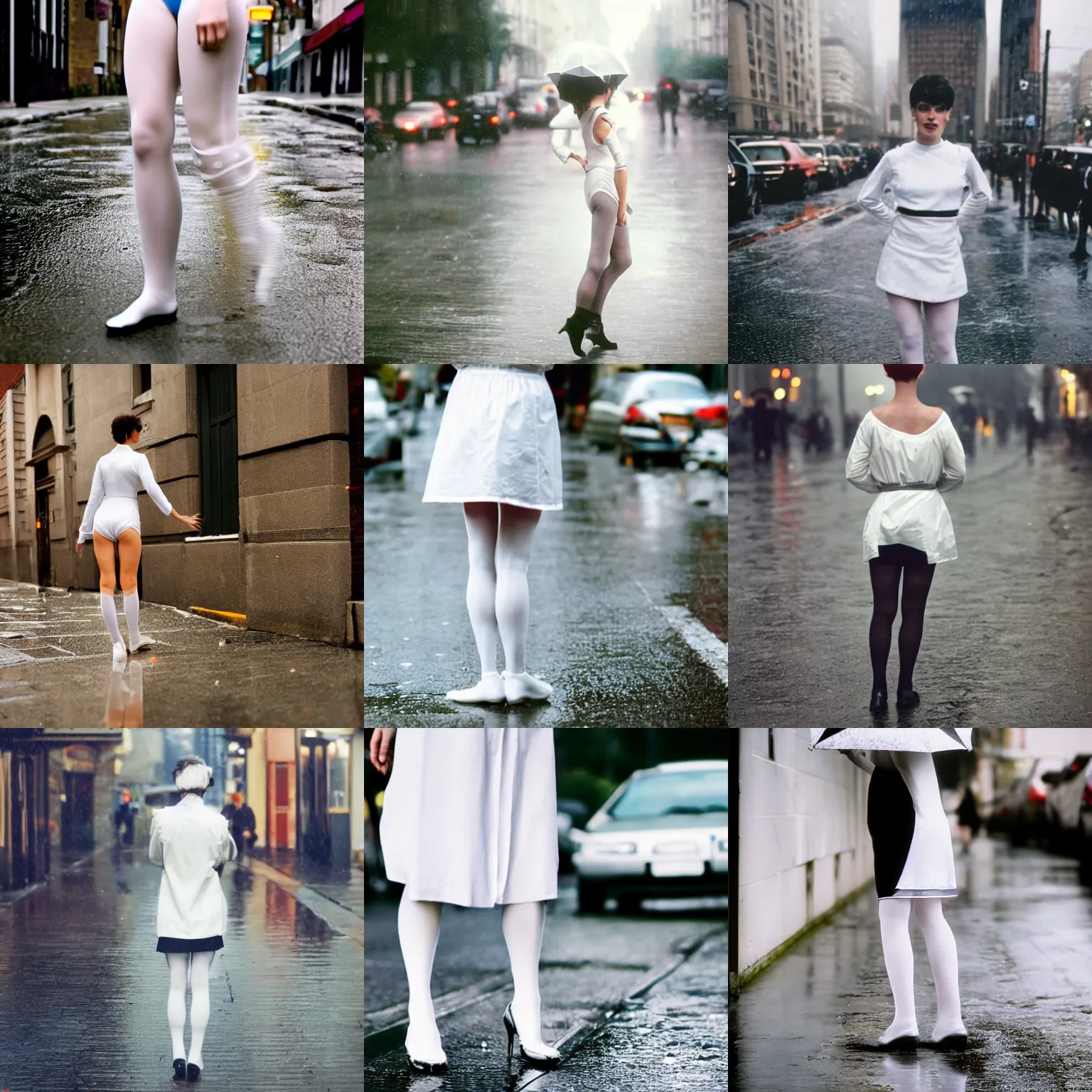 Prompt: A woman in white, neck, short hair, tights; on the street, rainy; 90's professional color photograph, close up, view from front,