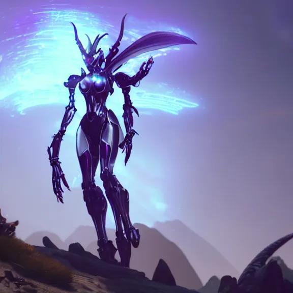 Image similar to extremely detailed cinematic low ground shot of a giant 1000 meter tall beautiful stunning saryn prime female warframe goddess, that's an anthropomorphic hot robot mecha female dragon, silver sharp streamlined armor, detailed head, sharp claws, glowing Purple LED eyes, sitting cutely in the background on top of a mountain, a tiny forest with a village in the foreground, fog rolling in, dragon art, warframe fanart, Destiny fanart, micro art, macro art, giantess art, fantasy, goddess art, furry art, furaffinity, high quality 3D realistic, DeviantArt, Eka's Portal, HD, depth of field