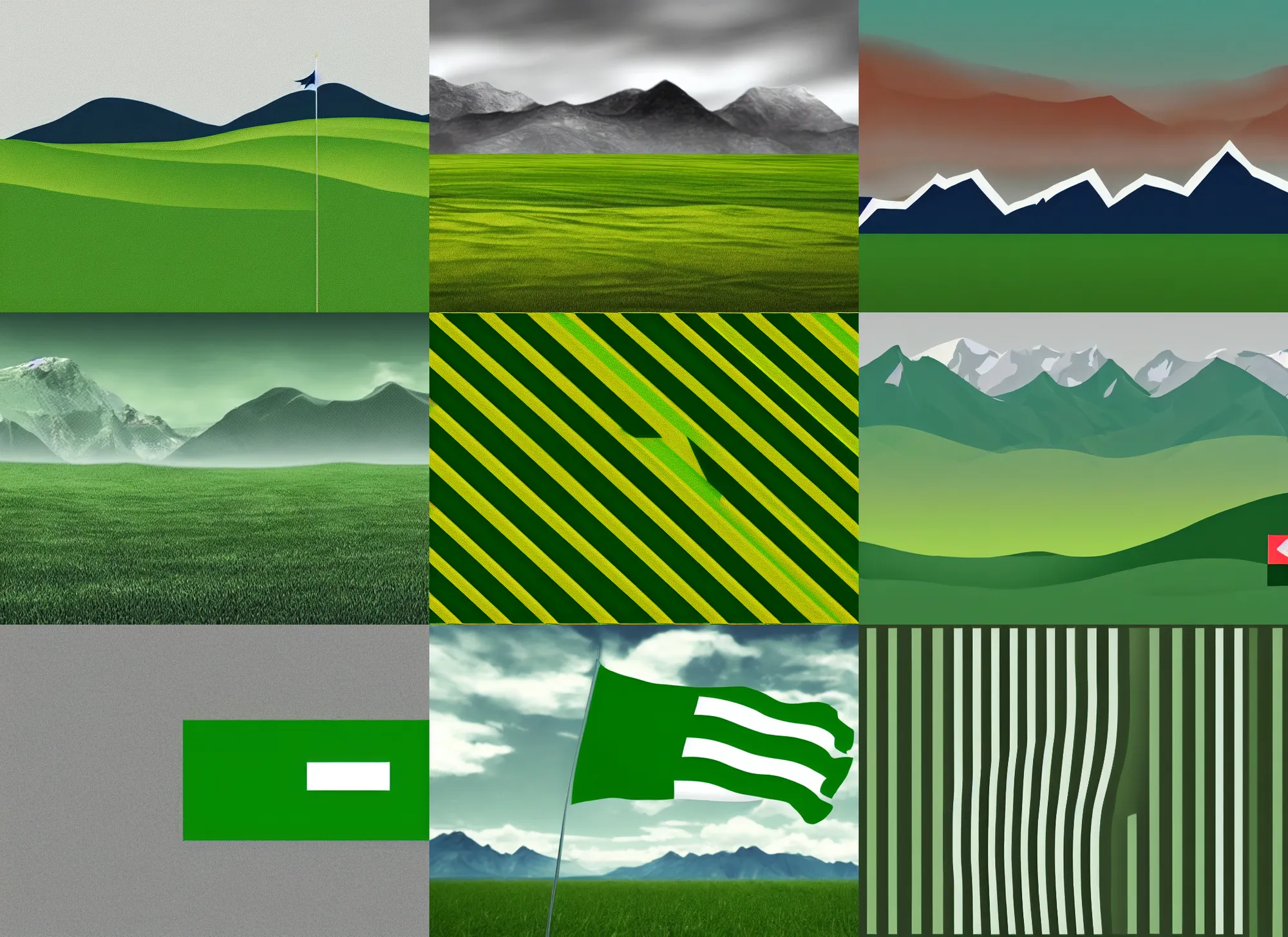 Prompt: flag design, with 3 gray mountains stripes on a green field, r / vexilology, concept art
