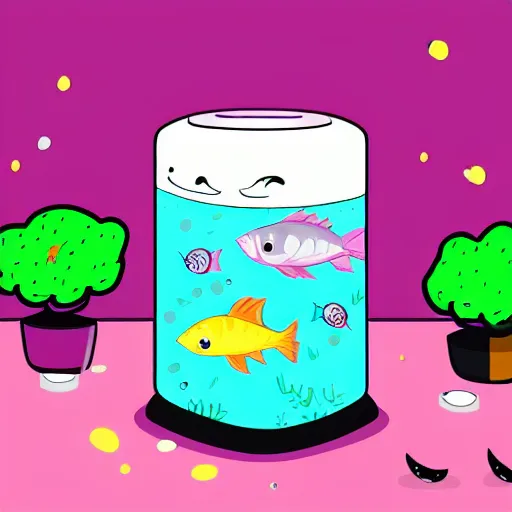 Image similar to pantone cute kawaii anime cartoon illustration fish tank, Pastel colors