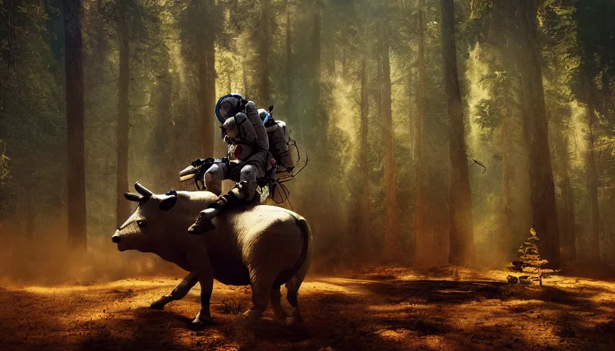 Image similar to american astronaut in the forest riding a bull, objects well lit, plants environment, wide angle, cinematic lighting, atmospheric, realistic, octane render, highly detailed, color graded, in the style of craig mullins