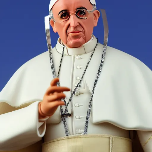 Prompt: action figure of pope francis. advertising photograph, photographic, hyperreal, 3 5 mm