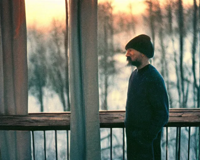 Image similar to award - winning lomographic tarkovsky film still of 4 0 years russian man with beard and sweater standing on small hrushevka 9 th floor balcony in taiga looking at sunset, cinestill, bokeh