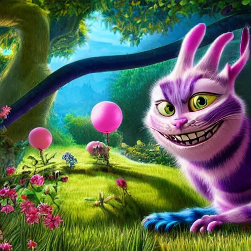 Image similar to the cheshire cat grinning, alice in wonderland, pixar, highly detailed intricate painting