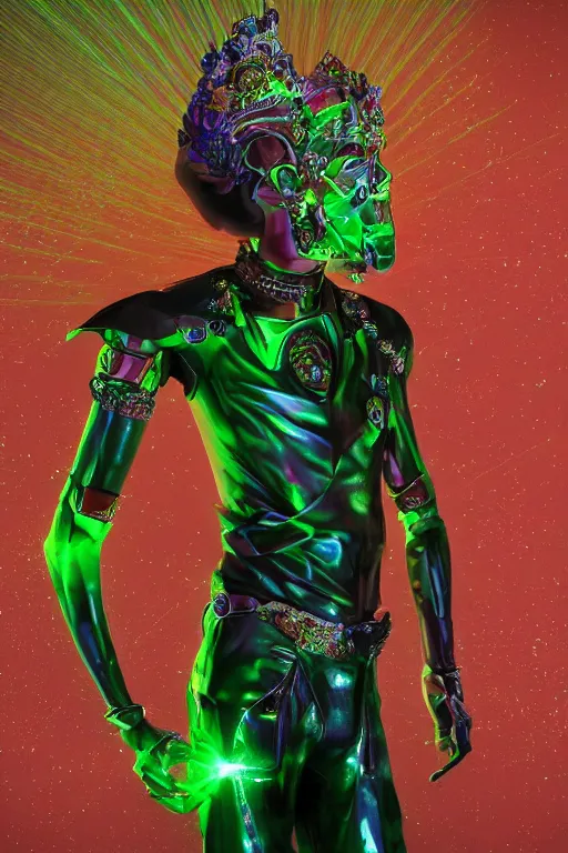 Image similar to full-body sculpture of a young handsome Spanish prince as a half android with a glowing green diamond in his chest, pink laser beams coming out of his eyes, crown of giant jewels, flowing neon-colored silk, human skull mask, geometric shapes in a cyperbunk and baroque style. intricate artwork by caravaggio. Trending on artstation, octane render, cinematic lighting from the right, photorealistic, octane render, 8k, depth of field, 3D