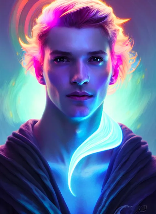 Image similar to a male faceless glowing liquefied stardust adventurer, dnd fantasy character, full body portrait, glowing neon skin, magical aura, ultra realistic, intricate, elegant, highly detailed, digital painting, artstation, smooth, sharp, focus, illustration, art by artgerm and greg rutkowski and alphonse mucha