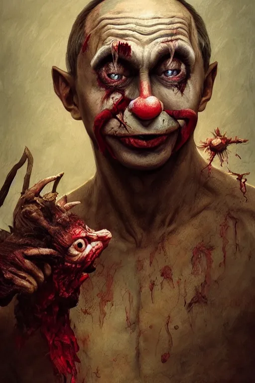 Image similar to photorealistic portrait photograph of vladimir putin as a pathetic goblinoid demon clown, kobold, upper body, fantasy, bloody, depth of field, soft focus, highly detailed, intricate, realistic, national geographic cover, soft glow, textured, artstation, concept art, sharp focus, illustration, art by artgerm and greg rutkowski and alphonse mucha