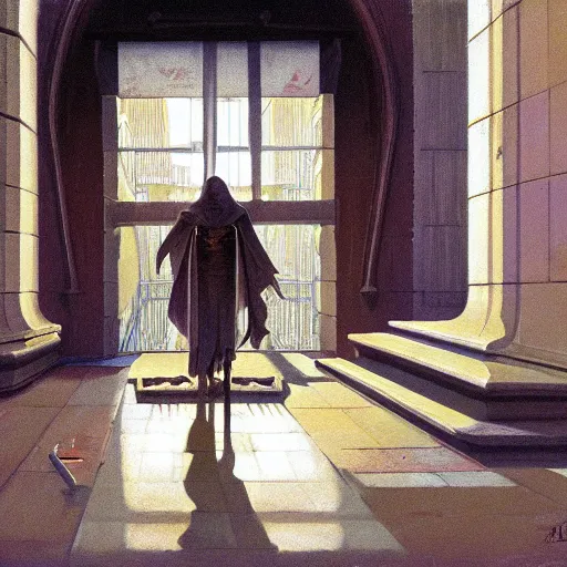 Prompt: cultist blessed by the reign, painted by syd mead and chris van allsburg, trending on artstation, halfrear lighting low angle view cgsociety, street art, epic fantasy, naturalism, tonalism