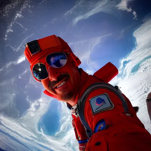 Image similar to Evil Markiplier looking out of the window of the International Space station with a smile on his face. Devilish markiplier pixashot instant camera space imagery with markiplier. Photograph from Nasa, complementary of the International Space Station.