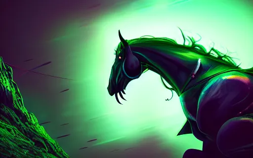 Image similar to an epic fantasy comic book style portrait painting of an giant abyssal green alien horse, menacing. unreal 5, daz, hyperrealistic, octane render, cosplay, rpg portrait, dynamic lighting