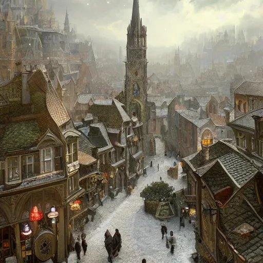 Image similar to an ultra detailed matte painting of the quaint town of galic, grid shaped city cobblestone streets, fantasy city, light snowfall, wind, inspiring gothic architecture, ultrawide lense, aerial photography, unreal engine, exquisite detail, 8 k, art by greg rutkowski and alphonse mucha