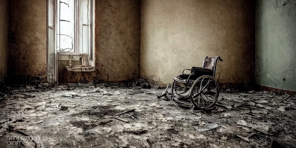 Prompt: abandoned psychiatric ward with paint peeling of the walls, dirty floor, broken wheelchair, stained bed, 1 9 0 0 s photography