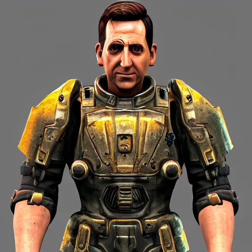 Image similar to Michael Scott in a fallout power armor, fallout4, rtx, raytracing, unreal engine, hyper realistic, sun rays