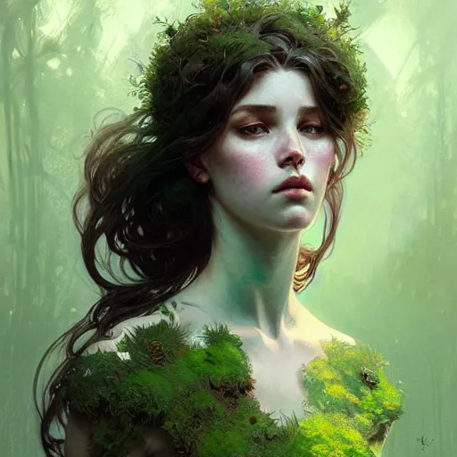 Image similar to A portrait of a girl covered in moss, face, intricate, elegant, highly detailed, digital painting, artstation, concept art, smooth, sharp focus, illustration, art by Krenz Cushart and Artem Demura and alphonse mucha