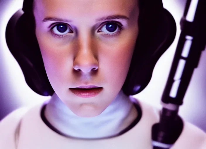 Image similar to film still of!!!! millie bobby brown!!! as princess leia in star wars movie, closeup portrait, wearing long white robe, deep focus, exploring interior of a spaceship, glamour pose, dramatic lighting, octane, mist, volumetric lighting, 8 k