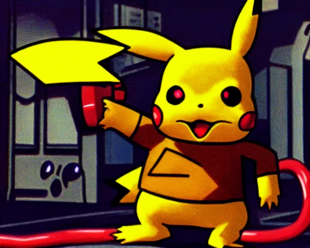 Image similar to Terminator pikachu, scene where his endoskelet gets exposed his eye glows red