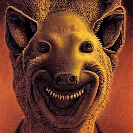 Image similar to horrific grotesque hyena and calculator hybrid, beksinski style painting, highly detailed