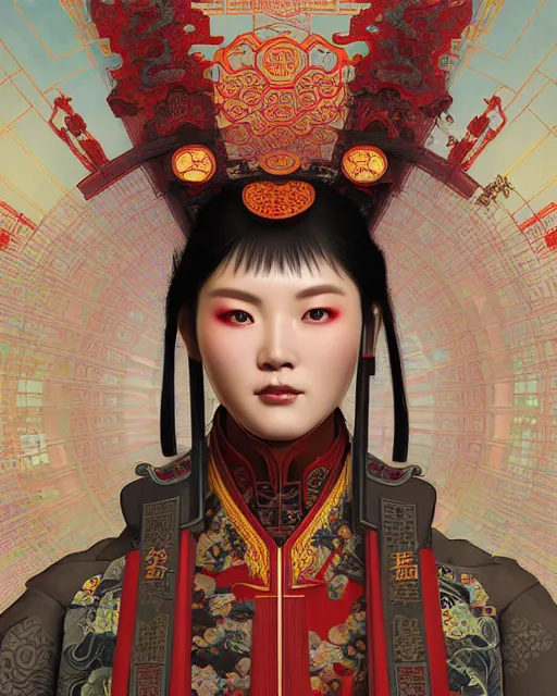 Image similar to portrait of a chinese cyberpunk machine, machine face, robed, upper half portrait, decorated with chinese opera motifs, regal, asian, fine china, wuxia, traditional chinese art intricate intense elegant 京 剧 highly detailed digital painting artstation concept art smooth sharp focus illustration, art by artgerm and greg rutkowski alphonse mucha 8 k