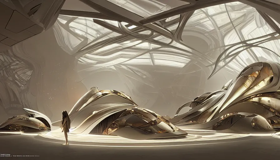 Image similar to a futuristic luxury boutique by artgerm and greg rutkowski and alphonse mucha, zaha hadid, volumetric light, detailed, octane render, midsommar